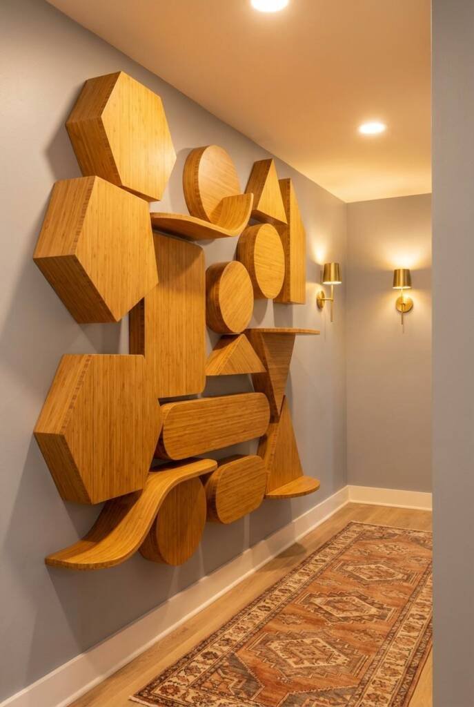 Modern boho hallway with dramatic three-dimensional bamboo wall installation - collection of substantial geometric bamboo scu
