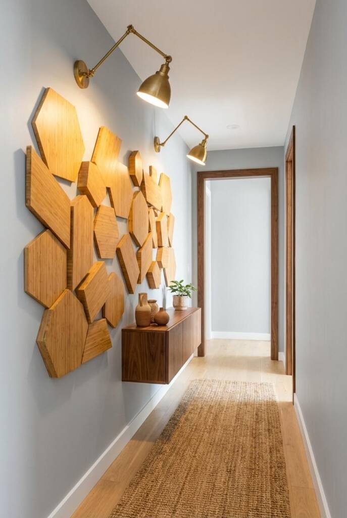 Modern boho hallway with dramatic three-dimensional bamboo wall installation - collection of substantial geometric bamboo scu