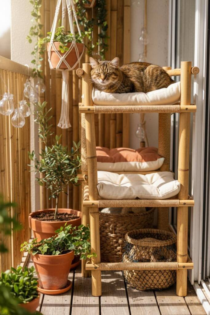 Pinterest grid displaying cat towers with bamboo ladder frames, woven rattan platforms, cork scratching surfaces, and organic