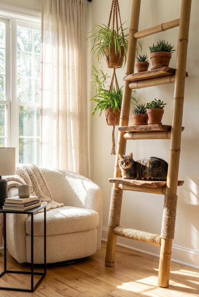 Sunlit window nook with artistic bamboo ladder climbing sculpture (7.5 feet tall, 36 inches wide base) - thick natural bamboo