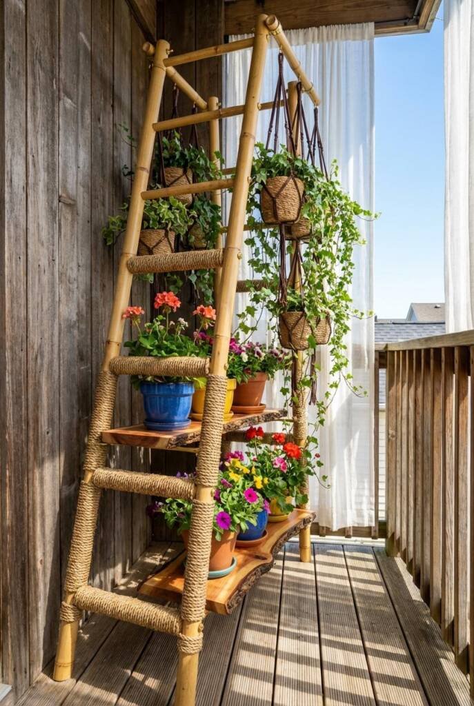 Sunlit window nook with artistic bamboo ladder climbing sculpture (7.5 feet tall, 36 inches wide base) - thick natural bamboo