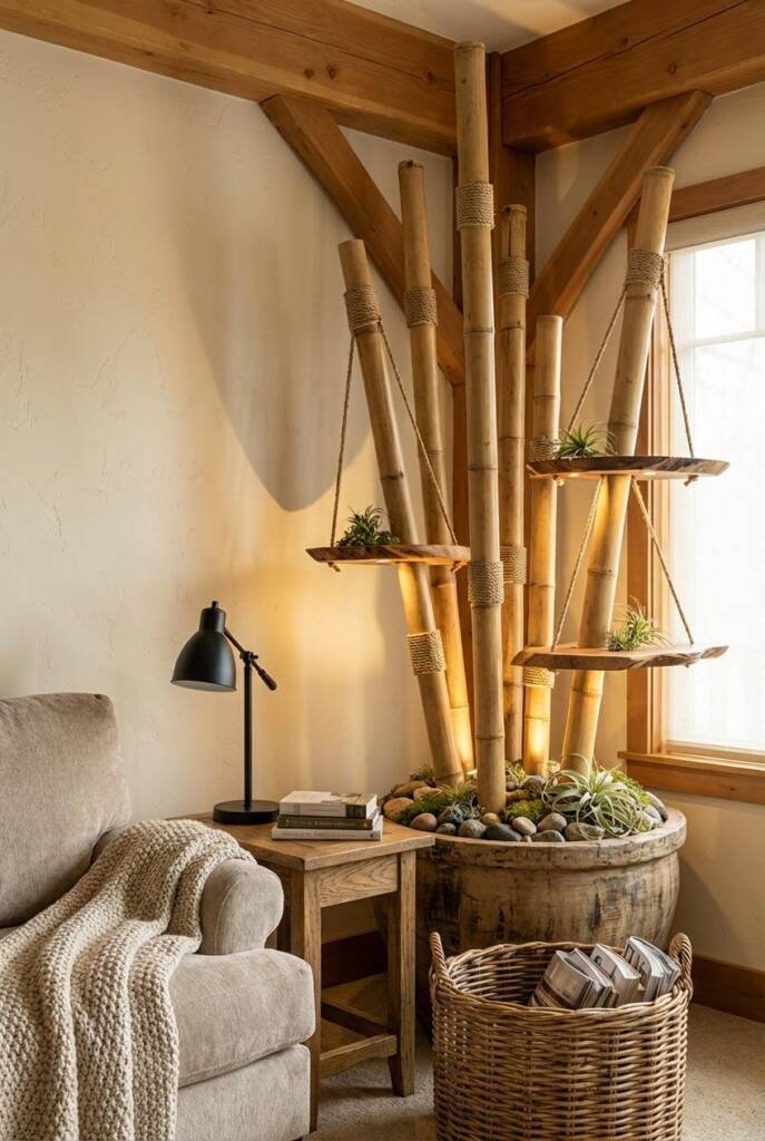 Peaceful room corner with dramatic bamboo forest art installation - collection of 9 natural bamboo poles (heights varying 4-8