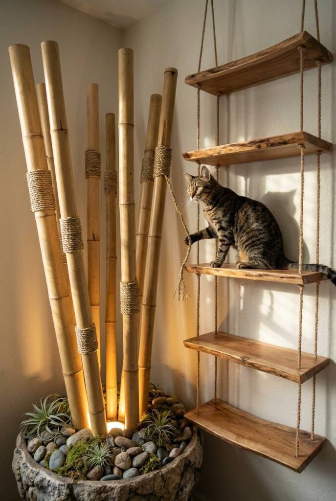 Peaceful room corner with dramatic bamboo forest art installation - collection of 9 natural bamboo poles (heights varying 4-8