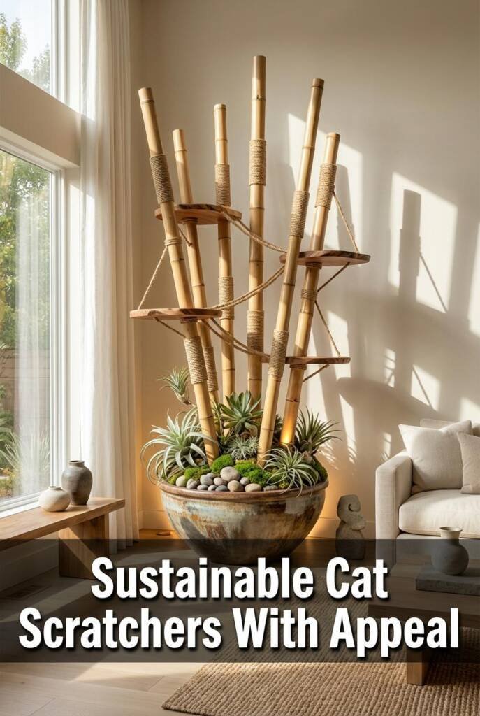 Peaceful room corner with dramatic bamboo forest art installation - collection of 9 natural bamboo poles (heights varying 4-8