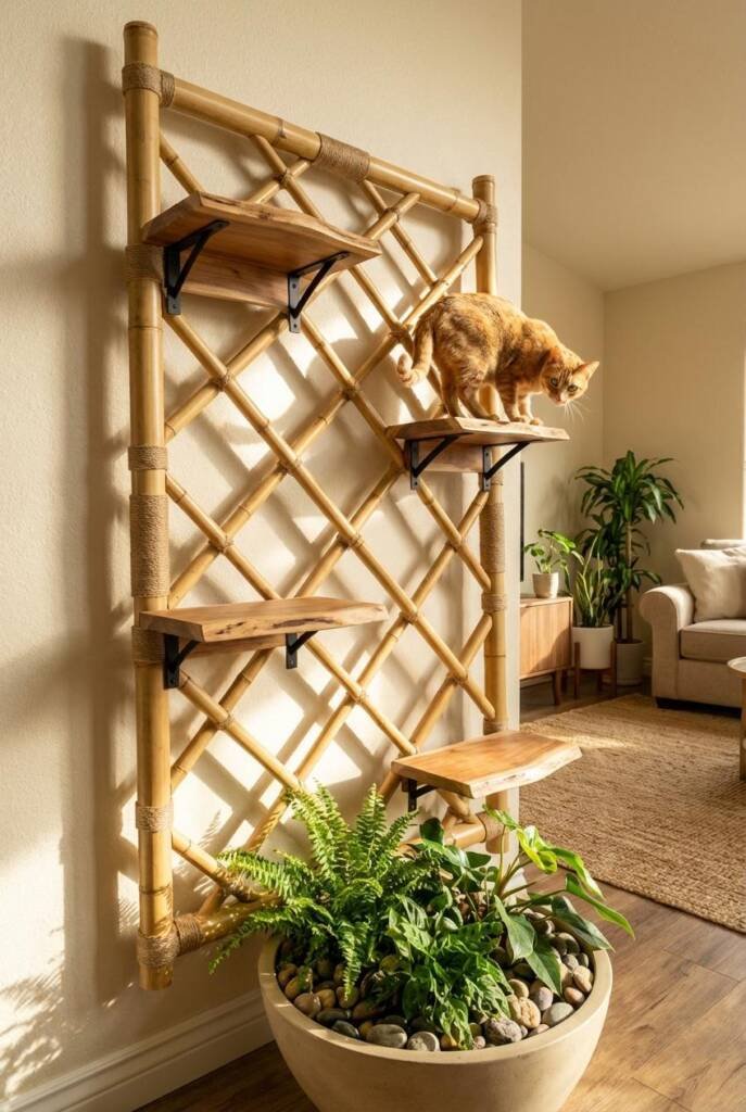 Sunlit room with substantial bamboo trellis climbing wall sculpture (7 feet tall, 5 feet wide) - thick bamboo lattice (2 inch