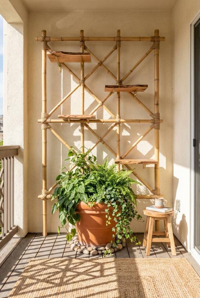 Sunlit room with substantial bamboo trellis climbing wall sculpture (7 feet tall, 5 feet wide) - thick bamboo lattice (2 inch