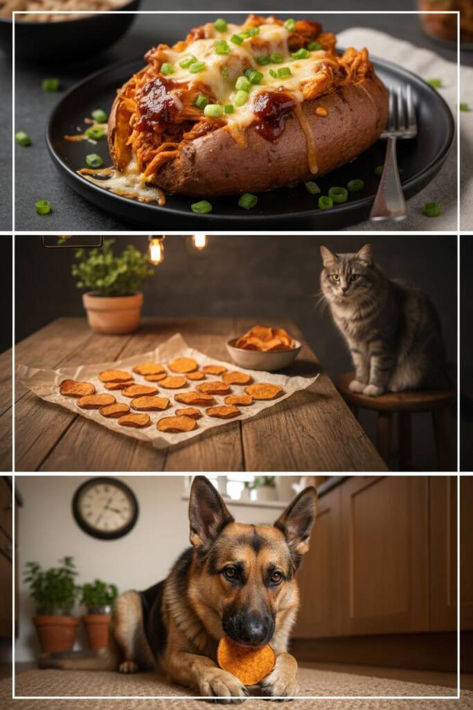 Compelling dual-purpose image: foreground displays four golden baked sweet potatoes split open and stuffed with pulled BBQ ch