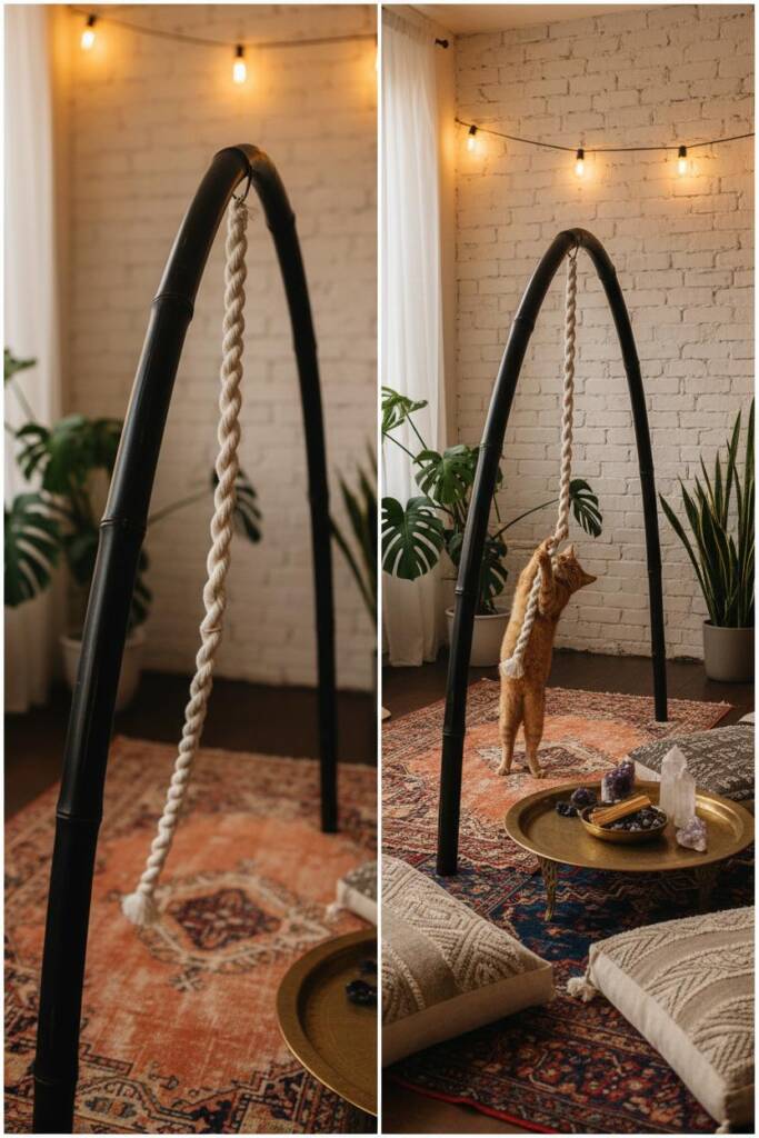 Three-quarter view of a graceful black-stained bamboo arch cat scratcher showing natural grain through the finish, with a thi