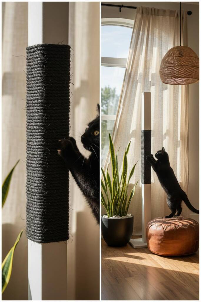 Close-up hero shot of a sleek white wooden post scratcher wrapped in thick black sisal rope, divided into three bold horizont