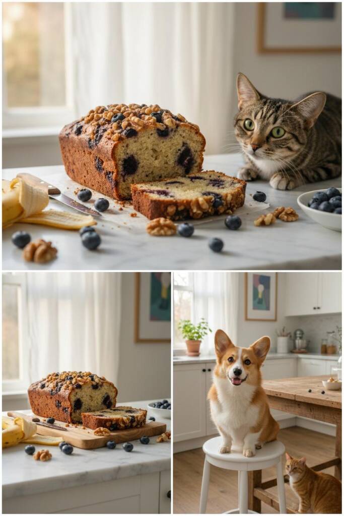 An elegant loaf of blueberry walnut banana bread on a white marble countertop with visible bursts of blueberries and walnut p