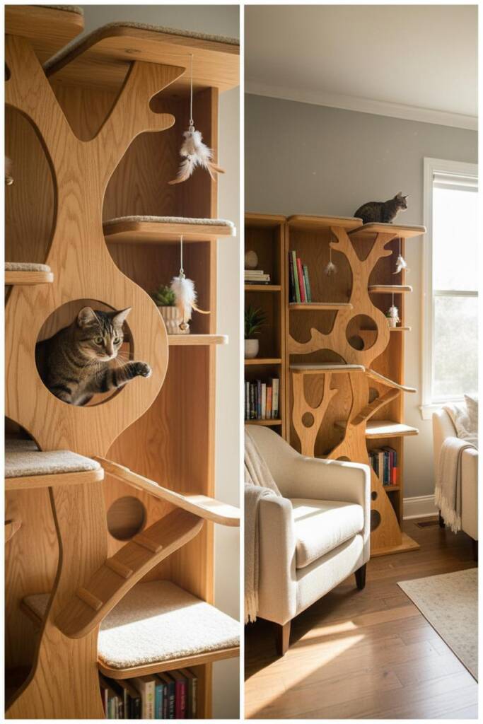 DIY cat treehouse disguised as a tall bookshelf-treehouse hybrid: wooden bookshelf with alternating shelves converted into ca