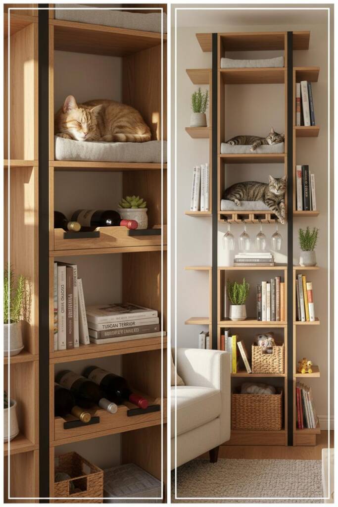 A tall shelving unit spanning floor to ceiling with varied cubby sizes, wine bottles stored at chest-height middle sections i