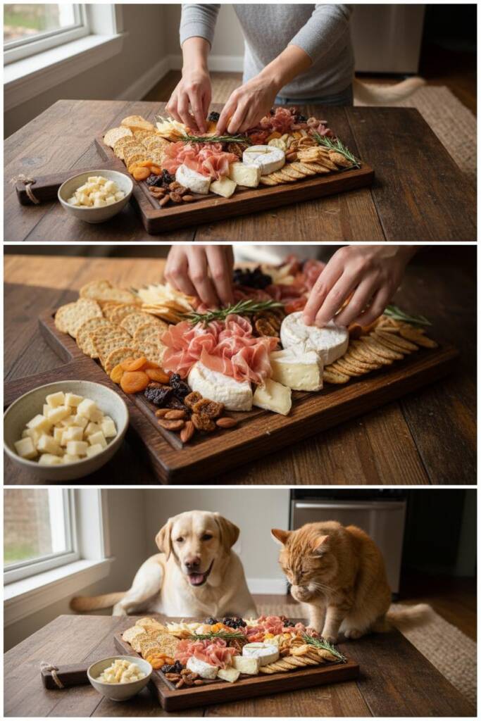 An overhead flat lay of a stunning rustic wooden charcuterie board being assembled. Hands are placing aged cheddar, brie, and