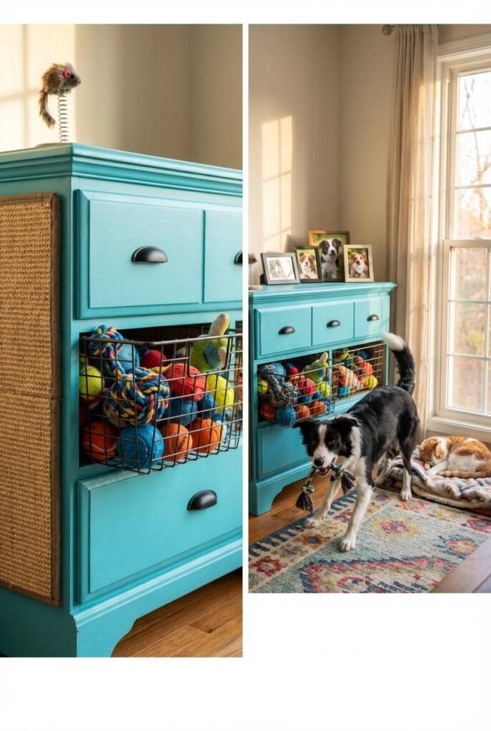 A bright turquoise painted dresser with alternating drawers removed and replaced with wire baskets containing colorful dog to