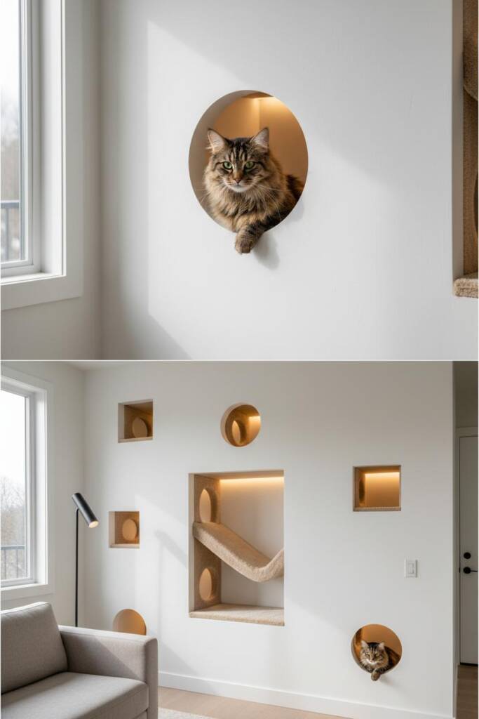 DIY cat treehouse built directly into a wall like a hidden mini-treehouse system: circular entrance portal carved into drywal