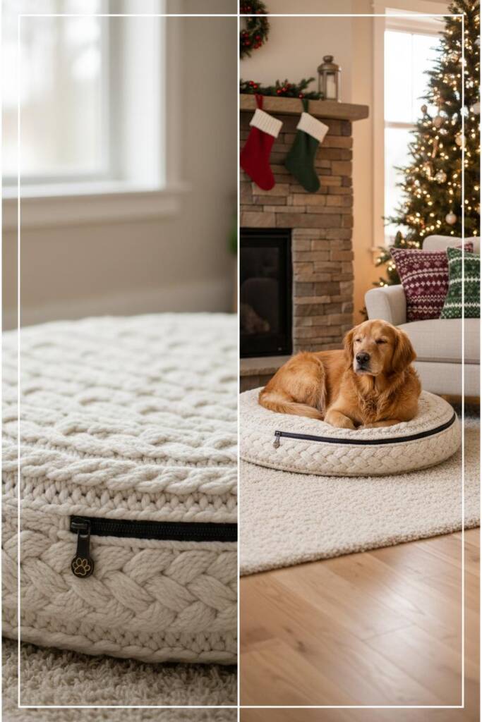 A thick cable knit covered dog bed in cream color with chunky textured knit pattern clearly visible, placed beside a fireplac