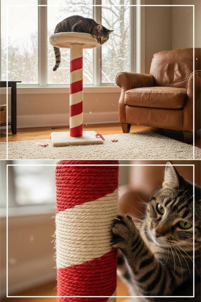 A tall spiral scratching post with bold red and white diagonal stripes wrapped around natural sisal rope, topped with a circu