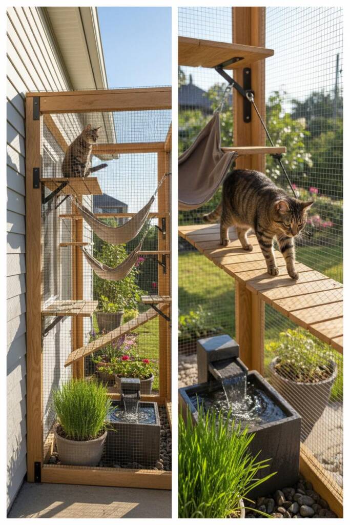 DIY cat treehouse inside a large enclosed outdoor run: full wire-mesh walls and roof letting in sunlight, multiple wooden pla