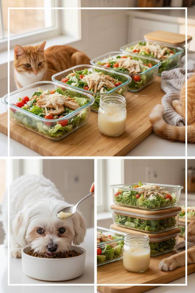 Clean meal prep aesthetic: row of 4-5 glass containers with fresh caesar salads (romaine, chicken strips, cherry tomatoes, pa
