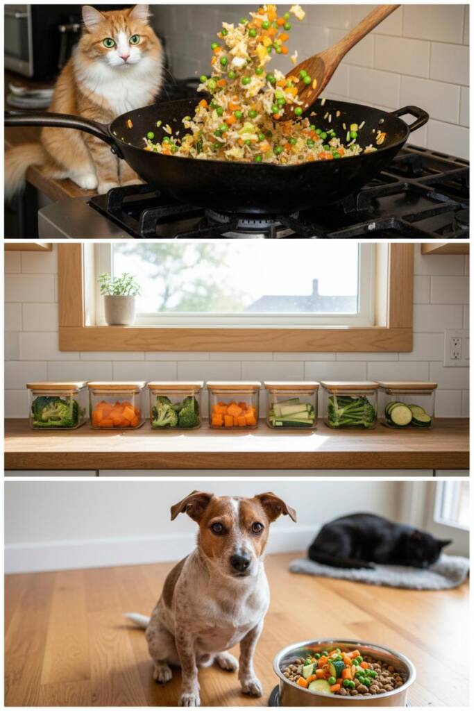 Dynamic cooking scene: large wok or skillet center frame with colorful fried rice being tossed (visible rice, peas, carrots,