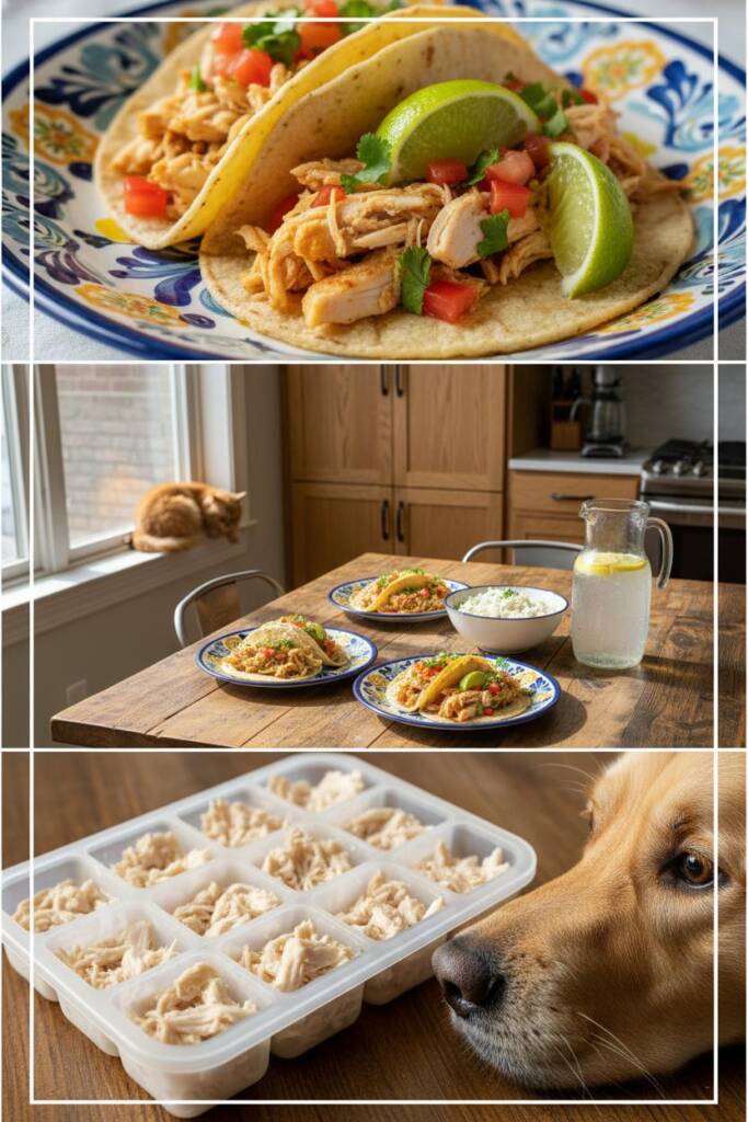 Overhead shot of a rustic wooden table split into two halves: left side shows colorful chicken tacos in soft tortillas with l