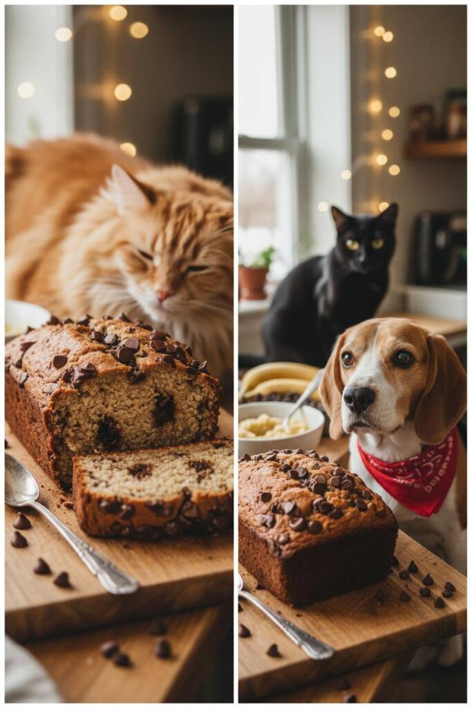 A decadent loaf of chocolate chip banana bread on a rustic wooden board with visible melted chocolate chips throughout. A sli