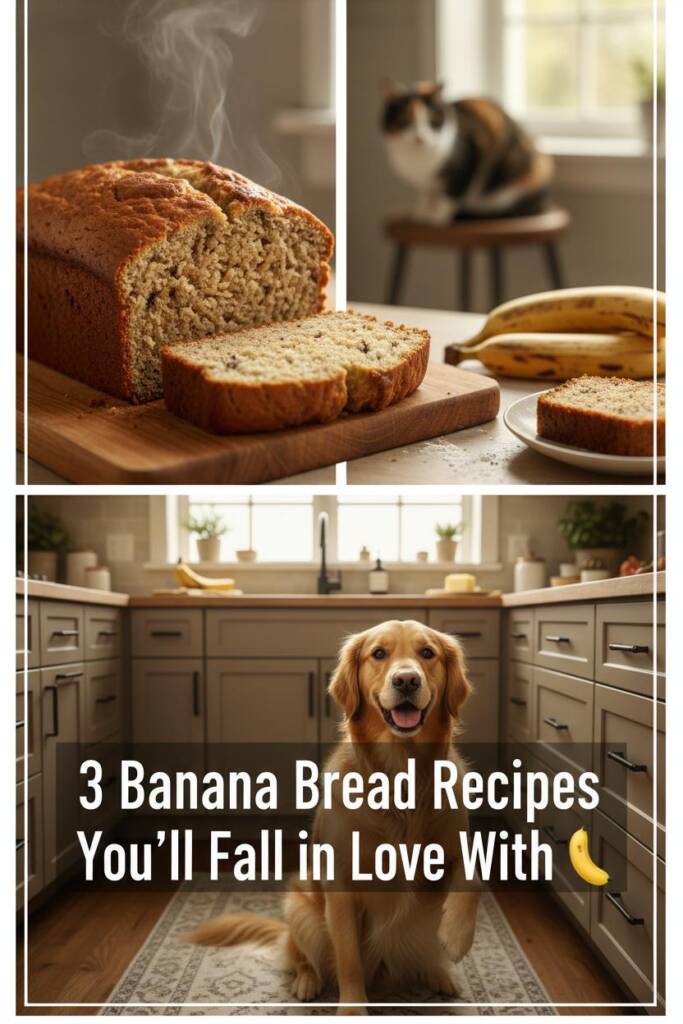 A warm, golden-brown loaf of classic banana bread cooling on a wooden cutting board in a cozy kitchen. In the foreground, a h