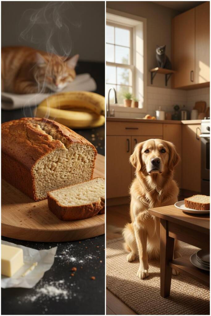 A warm, golden-brown loaf of classic banana bread cooling on a wooden cutting board in a cozy kitchen. In the foreground, a h