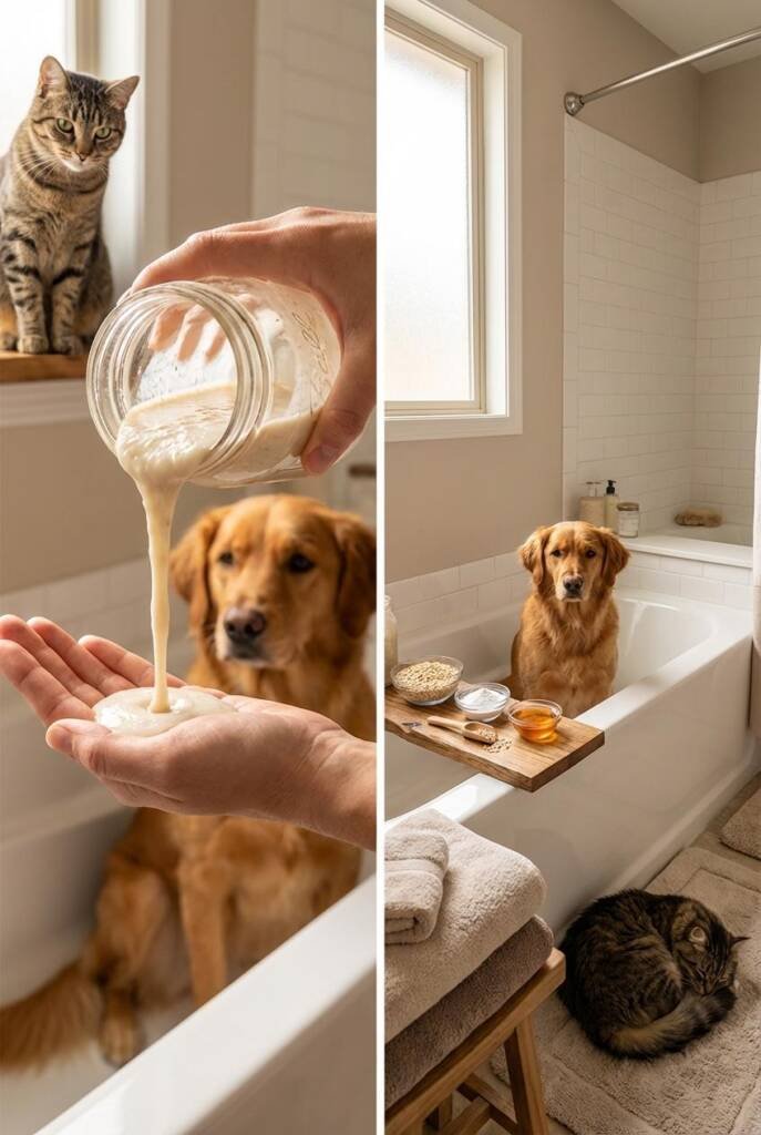 Realistic bathroom scene with a medium-sized dog in a white tub, owner pouring creamy oatmeal DIY shampoo from a mason jar, b