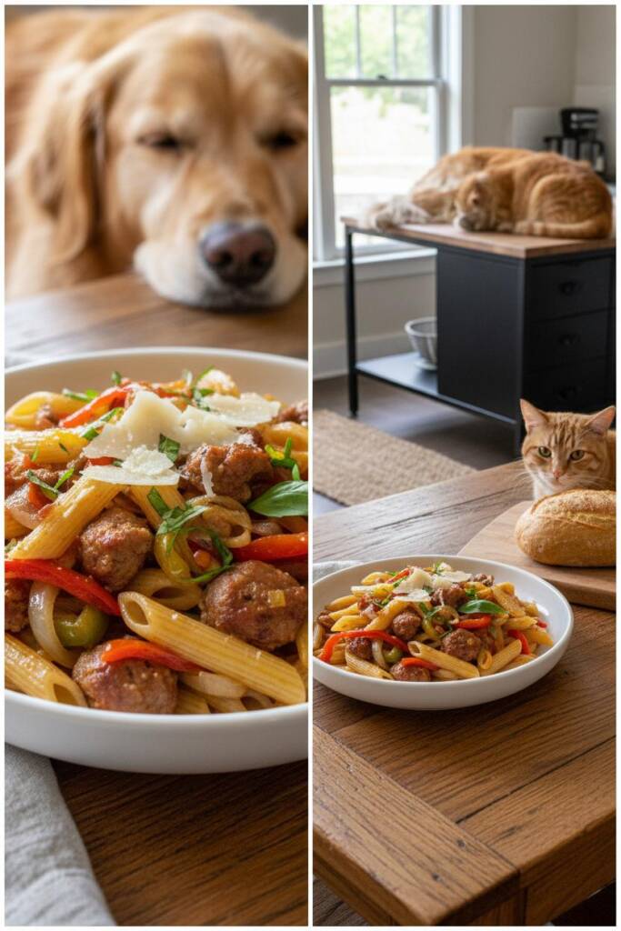 Shallow white bowl piled high with glossy penne tossed in browned Italian sausage, ribboned red/yellow/green peppers, and car