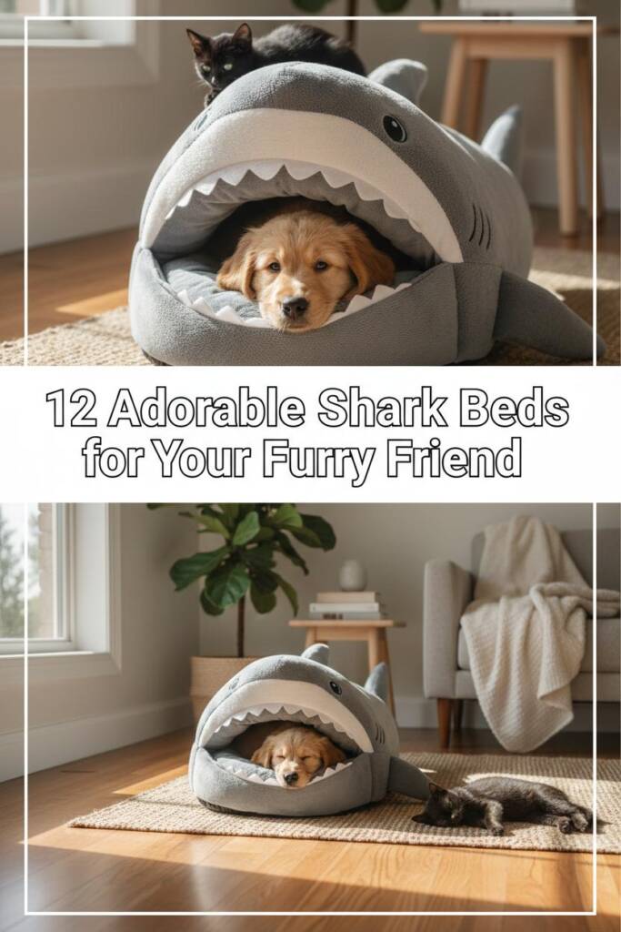 A cozy interior scene showing a plush gray shark-shaped pet bed with its mouth wide open, featuring soft cushioned walls and