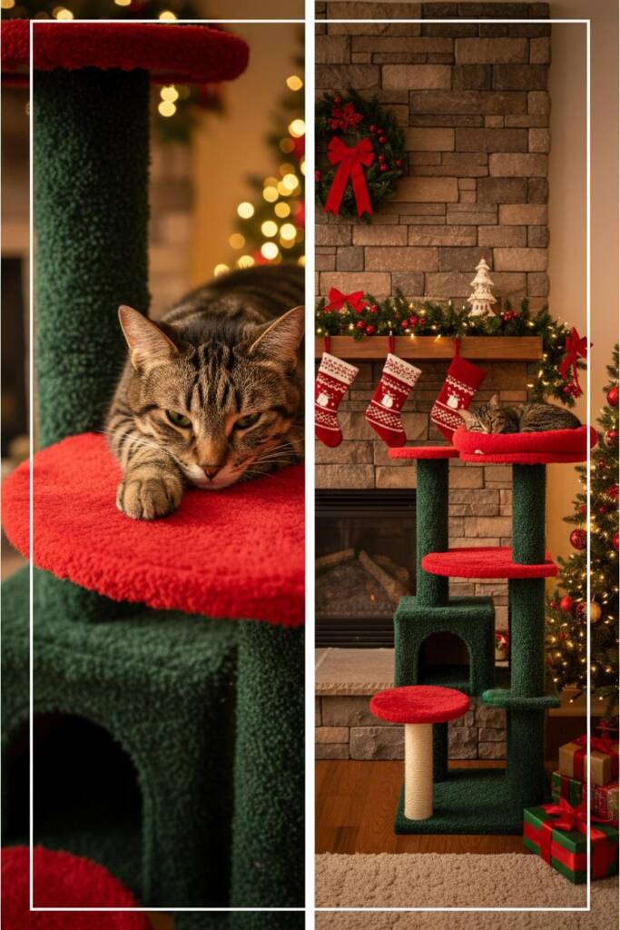 A luxurious multi-tiered tower structure wrapped in deep forest green plush carpet with bright red cushioned platforms at dif