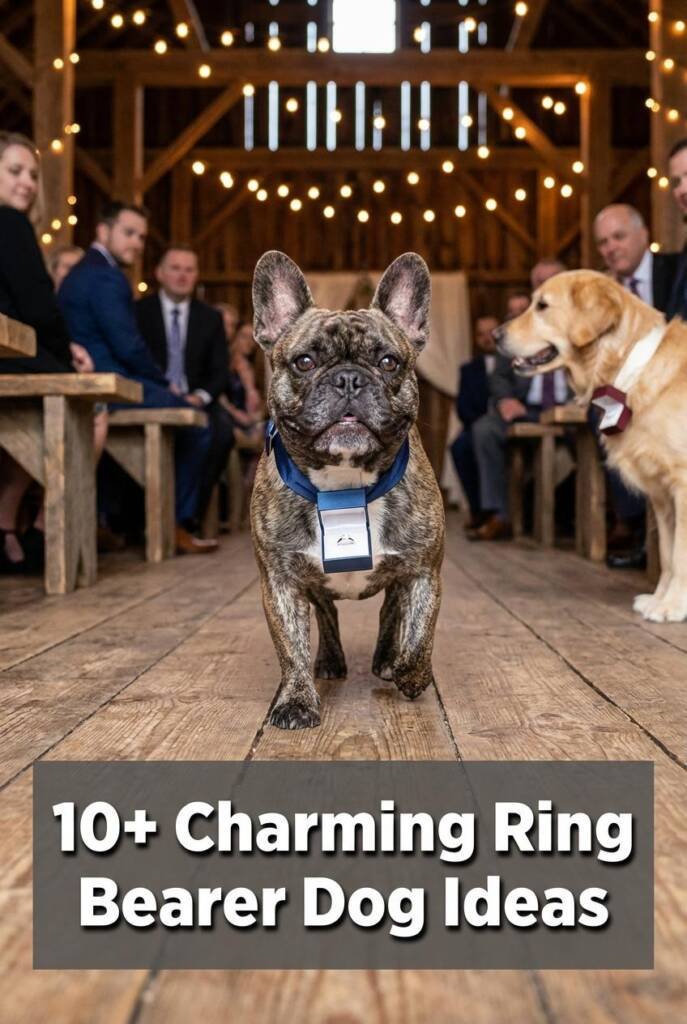 A golden retriever in profile view walking down a white aisle runner, wearing an ivory satin collar with a small burgundy vel