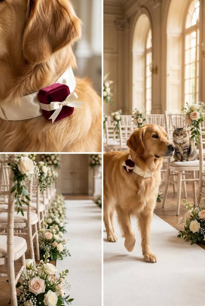 A golden retriever in profile view walking down a white aisle runner, wearing an ivory satin collar with a small burgundy vel