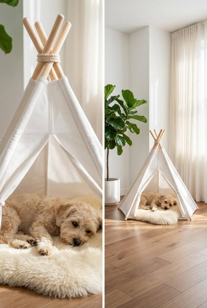 A crisp white canvas teepee with natural pine wooden poles positioned in a bright, sunlit living room corner. A small beige d