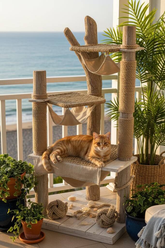 Pinterest collage featuring weathered driftwood posts, thick nautical rope wrapping, canvas hammocks in sandy beige, and seag