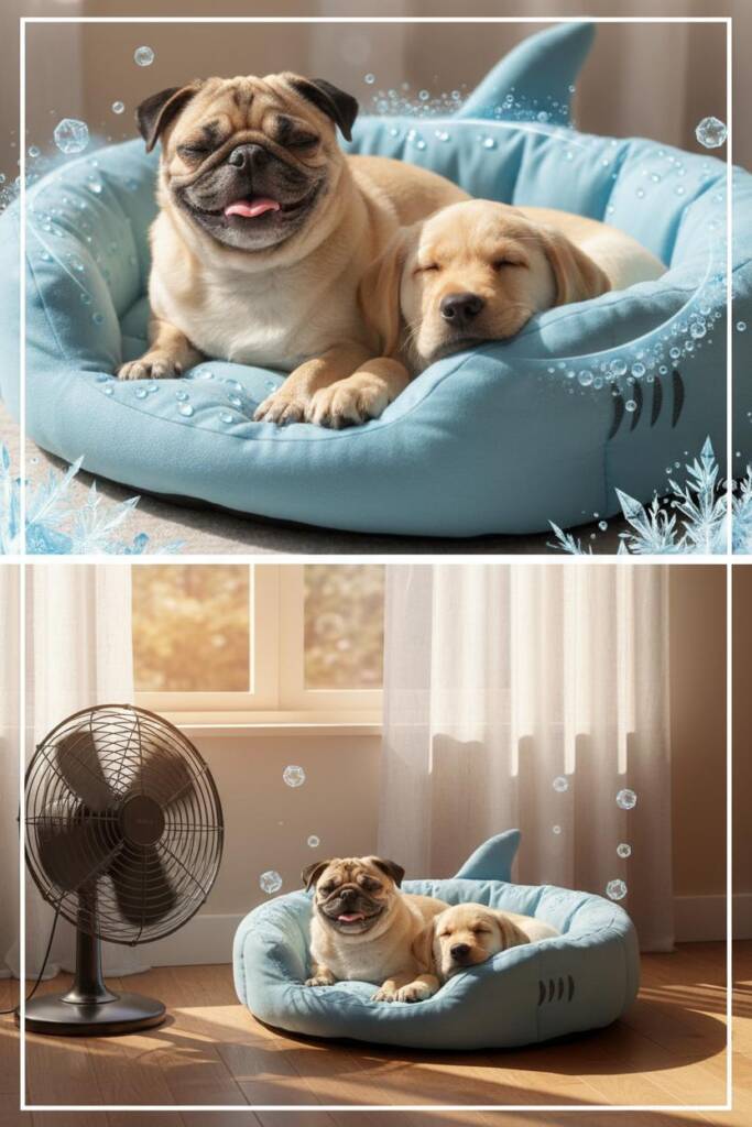 Vibrant summer scene with intense warm lighting suggesting heat. A light blue shark bed with visible cooling gel-bead texture