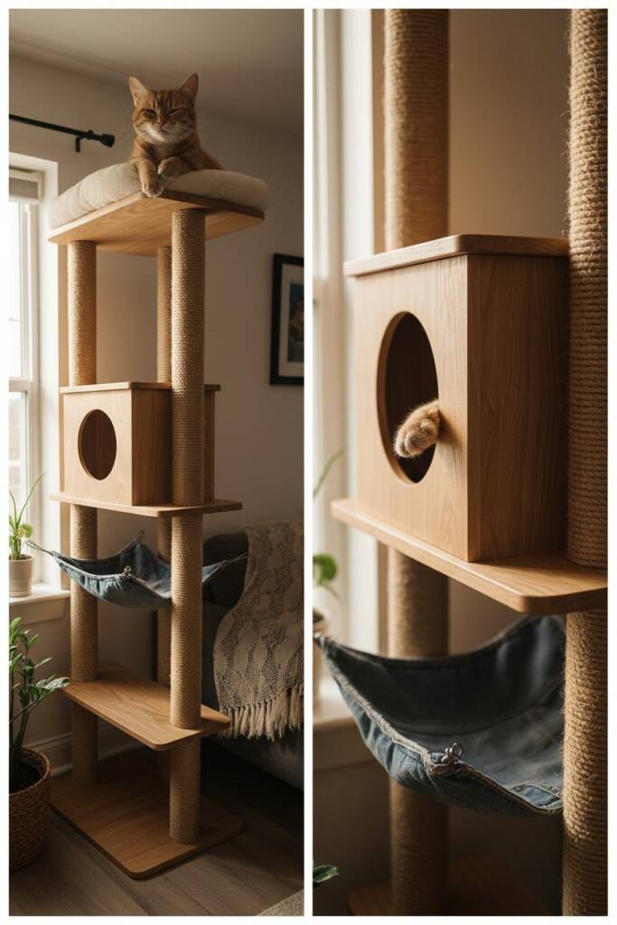 DIY cat treehouse shaped like a triangular corner treehouse tower: angled wooden frame tucked into room corner like a tall tr