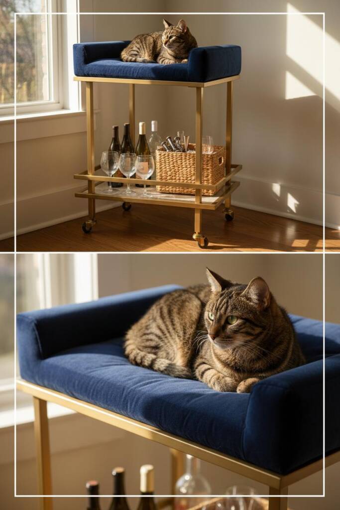 A triangular gold-finished bar cart with three tiers positioned in a bright corner, wine bottles and cocktail glasses organiz