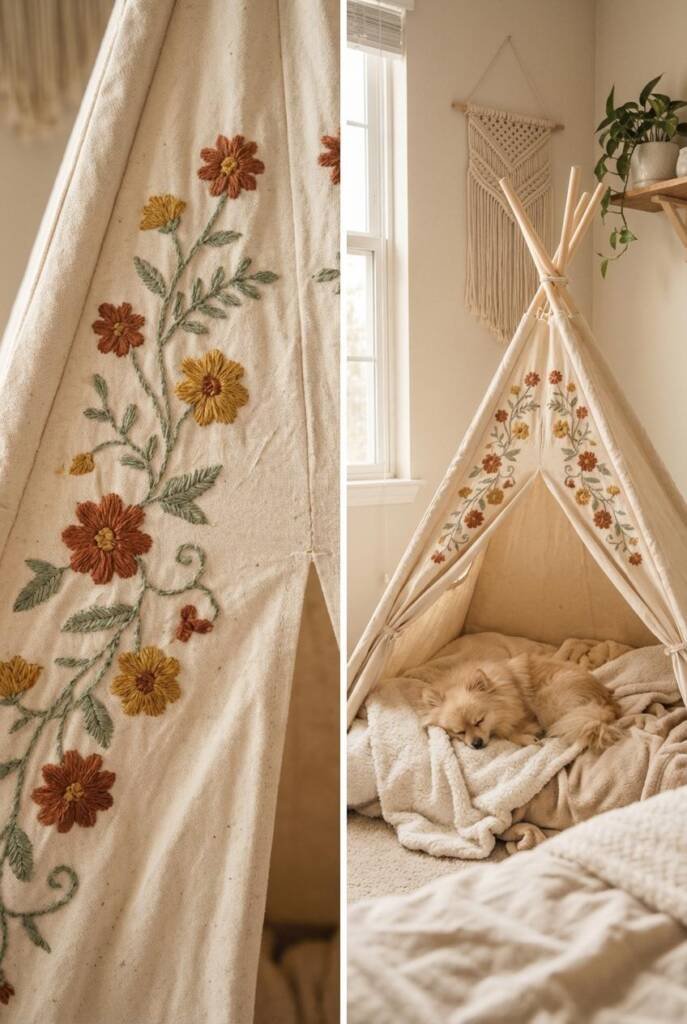 Cream colored canvas teepee featuring delicate multicolored embroidered flowers and vines along the panels. A small beige pom
