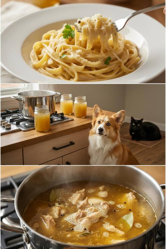 Split-screen image: top half shows creamy fettuccine alfredo in a white bowl with garnish and a fork twirling pasta; bottom h