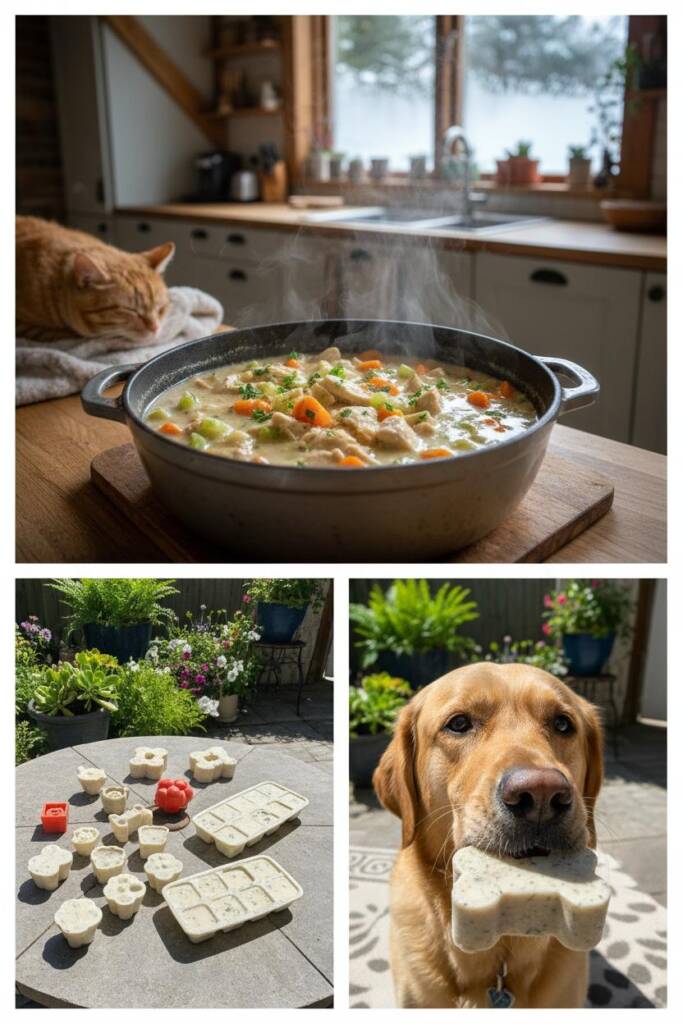 Seasonal contrast image: left side shows a steaming pot of creamy chicken soup with visible vegetables and chunks of chicken
