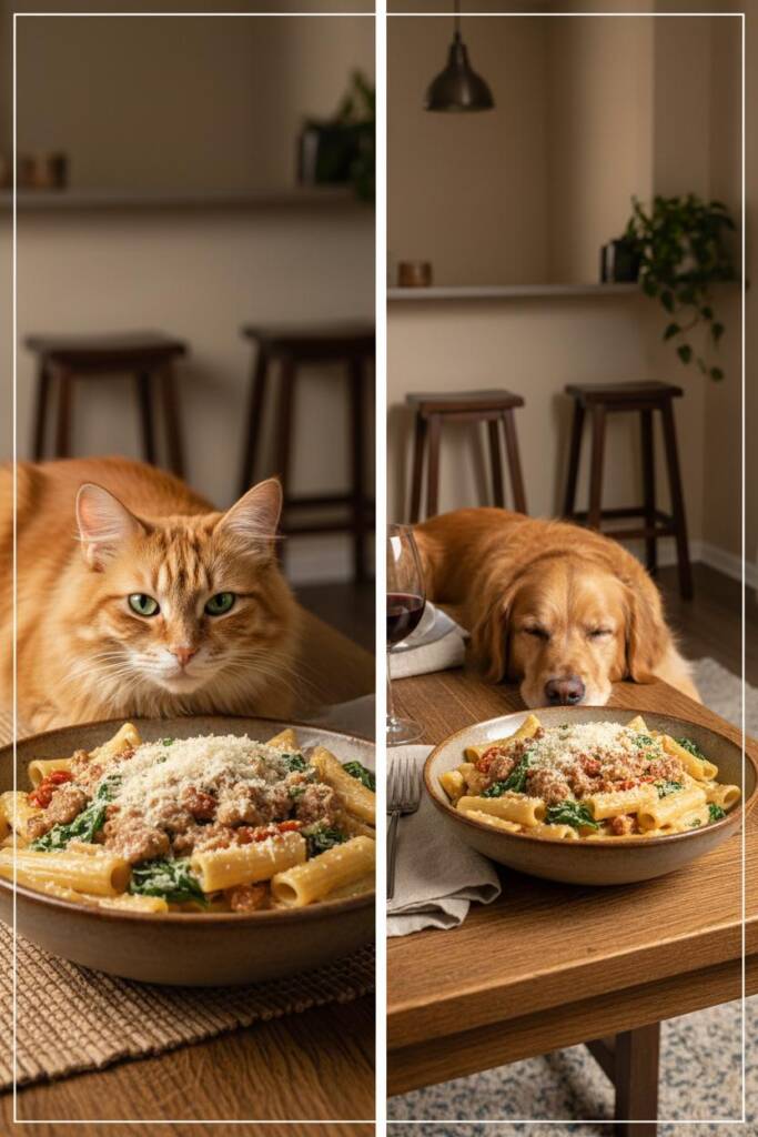 Deep bowl of rigatoni coated in velvety cream sauce with sausage, ribbons of spinach, and sun-dried tomatoes; glossy finish w