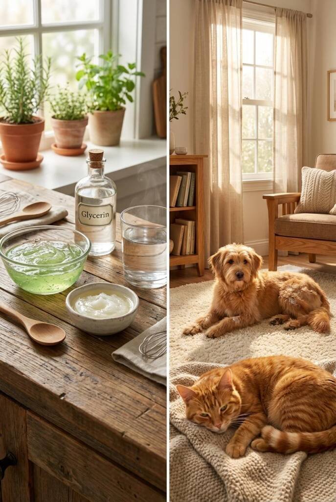 High-detail close-up of DIY shampoo ingredients: aloe gel, melted coconut oil, glycerin, warm water, all arranged in glass bo