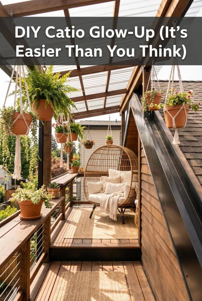 A final balcony catio extended upward with extra levels, clear roofing, and modern black trim, styled with plants and natural