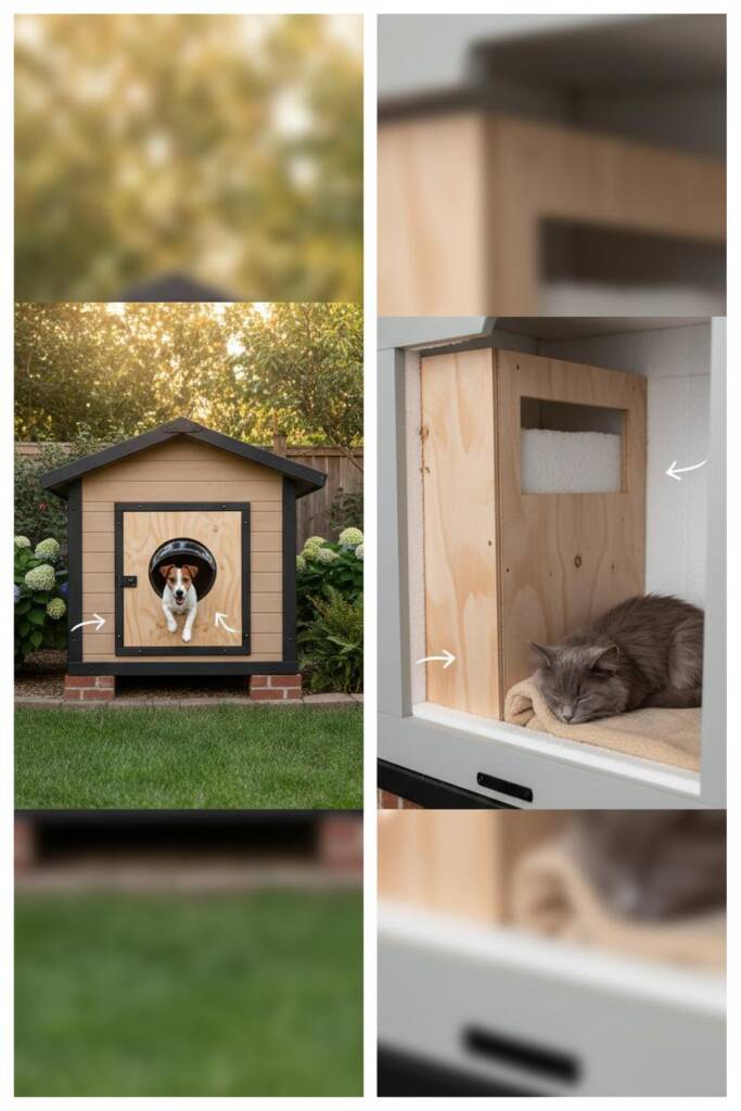 Small wooden dog house with interior divider wall installed creating two chambers, foam board insulation added to walls, orig
