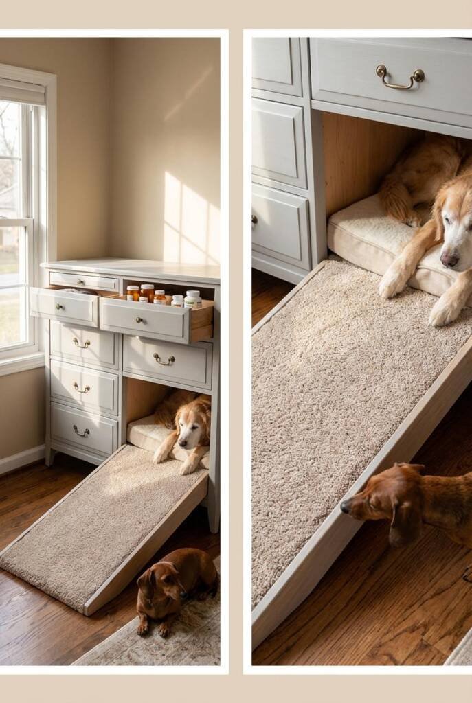 A soft gray painted dresser with bottom drawer removed. A gentle wooden ramp covered in beige carpet leads up into the sleepi