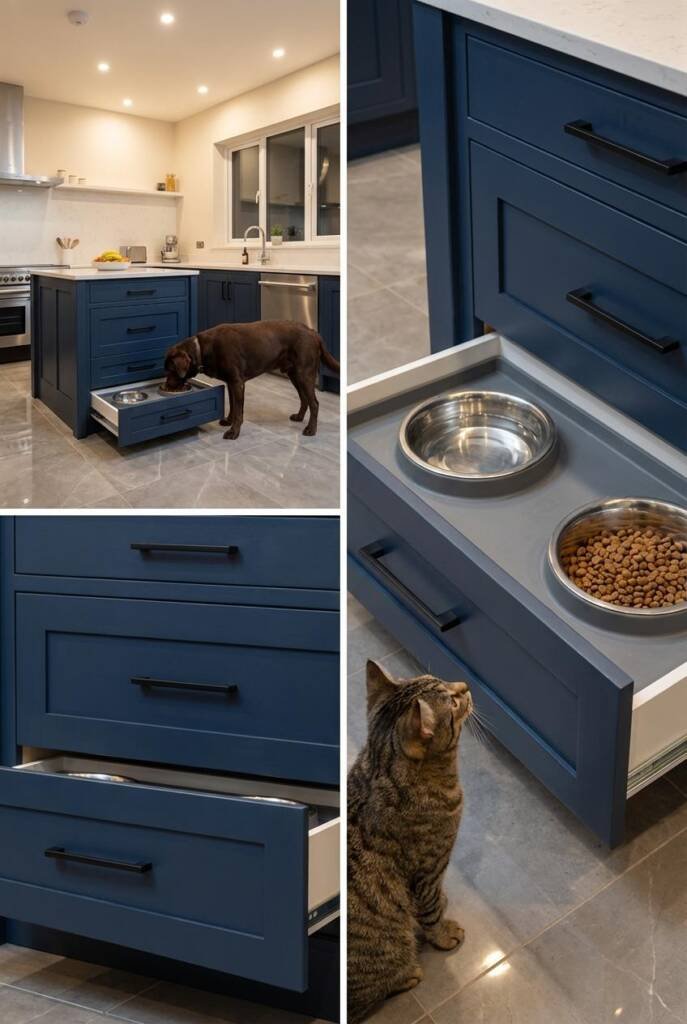 A navy blue painted dresser in a kitchen setting with the bottom drawer pulled out revealing two stainless steel elevated bow