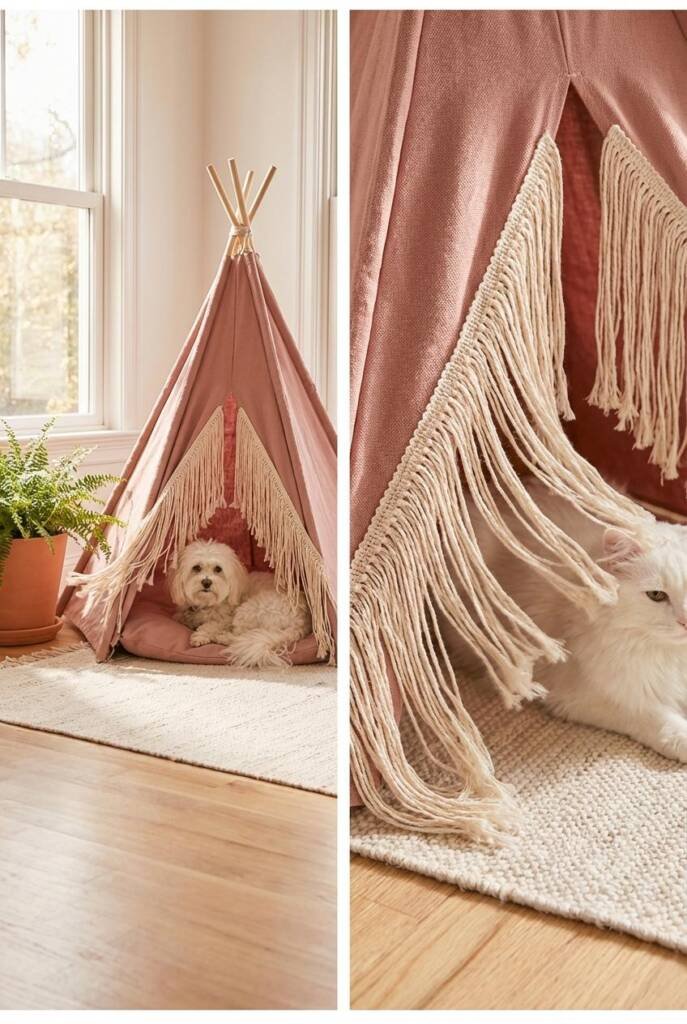Soft dusty rose colored teepee with long cotton fringe trim along the bottom edge. A small fluffy white dog laying comfortabl