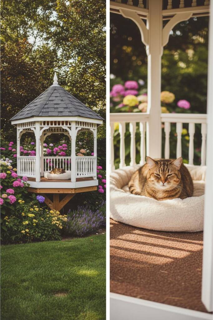 DIY cat treehouse designed as a miniature elevated gazebo-style treehouse: white-painted wooden frame with decorative trim, p